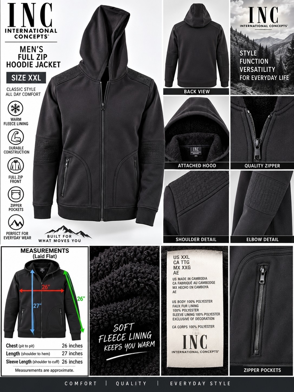 INC International Concepts Men’s Black Full-Zip Hoodie Jacket xxl